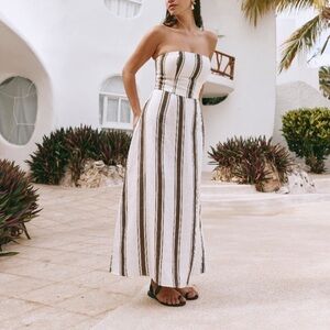 VRG GRL striped brown cream linen dress